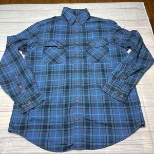 Duluth Mens Button Down Flannel Shirt Blue Plaid Long Sleeve Two Pockets L Tall